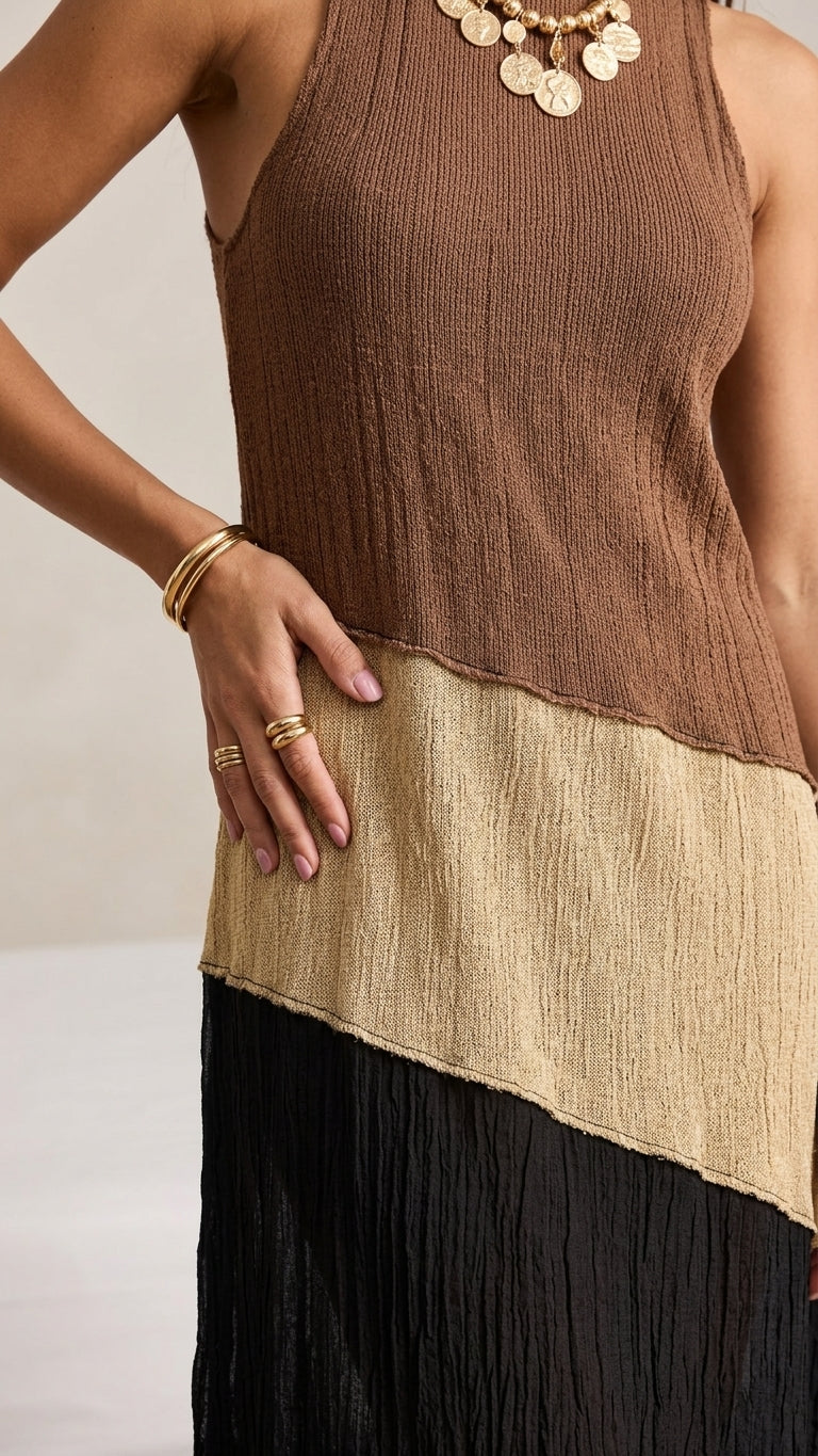 Brown Charm Resort Textured Maxi Dress Brown Maxi Dress with Asymmetric silhouette and Textured texture, additional styling view for Resort Wear, an estate dinner at golden hour, US East / Hamptons Elite by Massicos