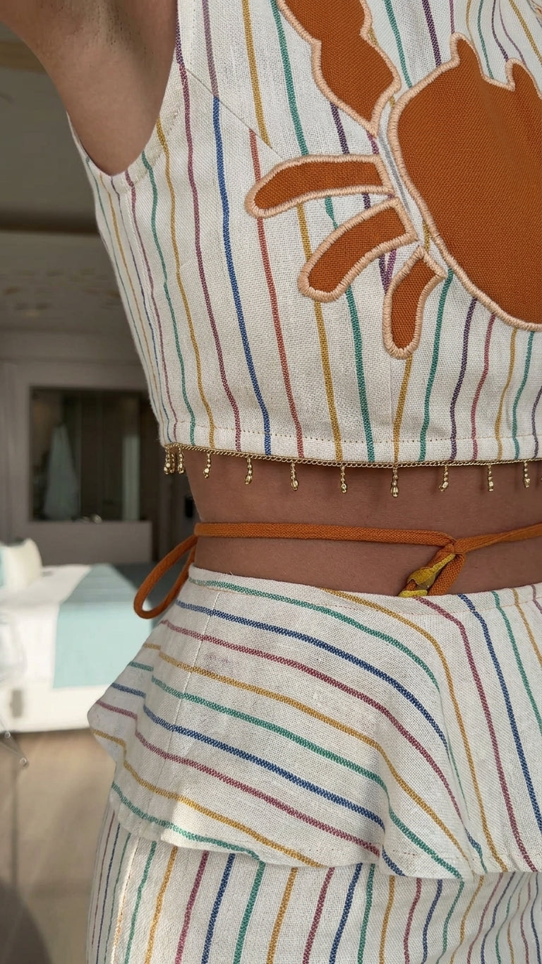 Ivory Aura Resort Striped Romper Ivory Romper with Cropped silhouette and Linen Blend texture, additional styling view for Resort Wear, a polished coastal brunch, US East / Hamptons Elite by Massicos