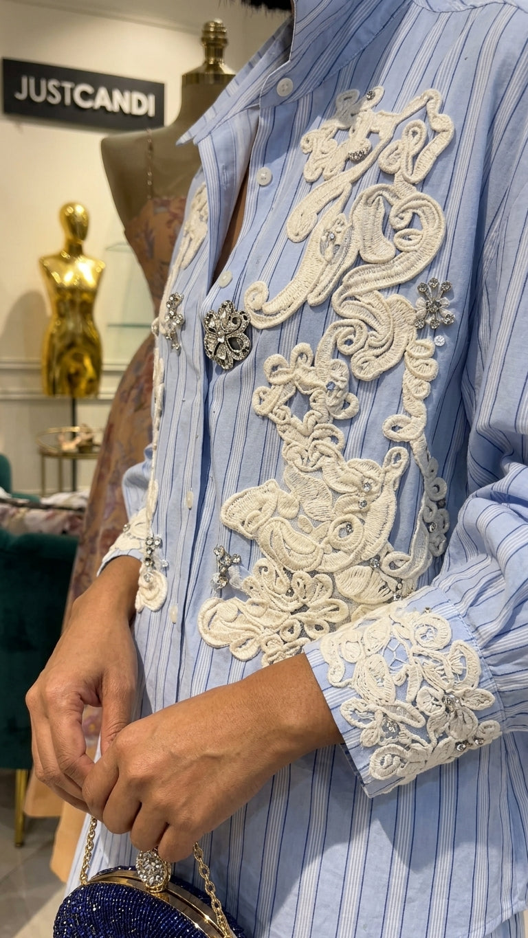 Light Blue Whisper Resort Embroidered Skirt Set Light Blue Skirt Set with Asymmetric silhouette and Textured texture, additional styling view for Resort Wear, a gallery opening in Paris, Euro Chic Premium by Massicos