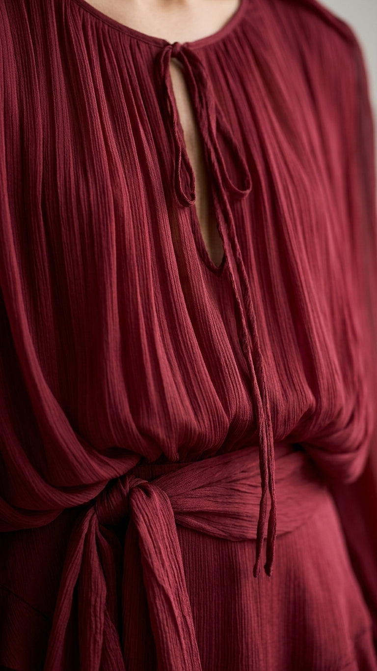Burgundy Grace Evening Pleated Maxi Dress Burgundy Maxi Dress with Asymmetric silhouette and Textured texture, additional styling view for Date Night, Sunset in Malibu, US Coastal Glam by Massicos