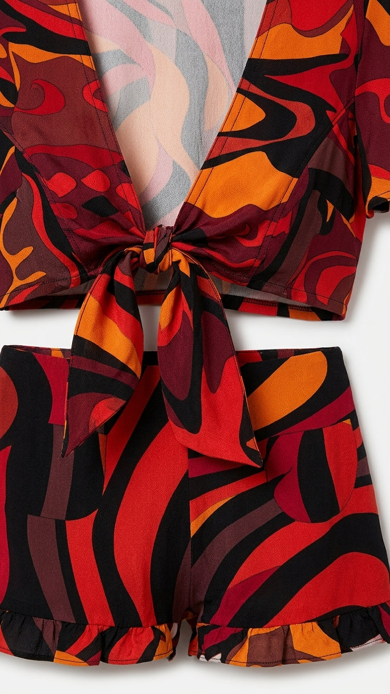 Red Charm Resort Abstract Print Romper Red Romper with Cropped silhouette and Textured texture, additional styling view for Resort Wear, a London dinner reservation, Euro Chic Premium by Massicos