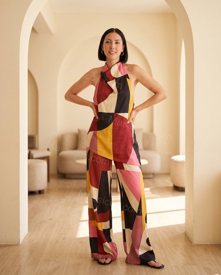 Red Solace Wedding Guest Abstract Print Jumpsuit Red Jumpsuit with Wide-Leg silhouette and Satin texture, front view product image for Wedding Guest, a fall city dinner, Fall current summer selling first with a light late-summer/pre-fall accent: make it w by Massicos