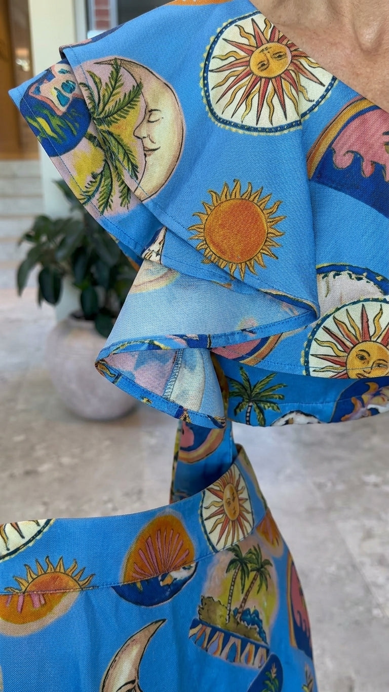 Blue Grace Summer Printed Two-Piece Set Blue Two-Piece Set with Asymmetric silhouette and Textured texture, close-up product detail for Weekend Escape, a rooftop dinner in LA, US Coastal Glam by Massicos