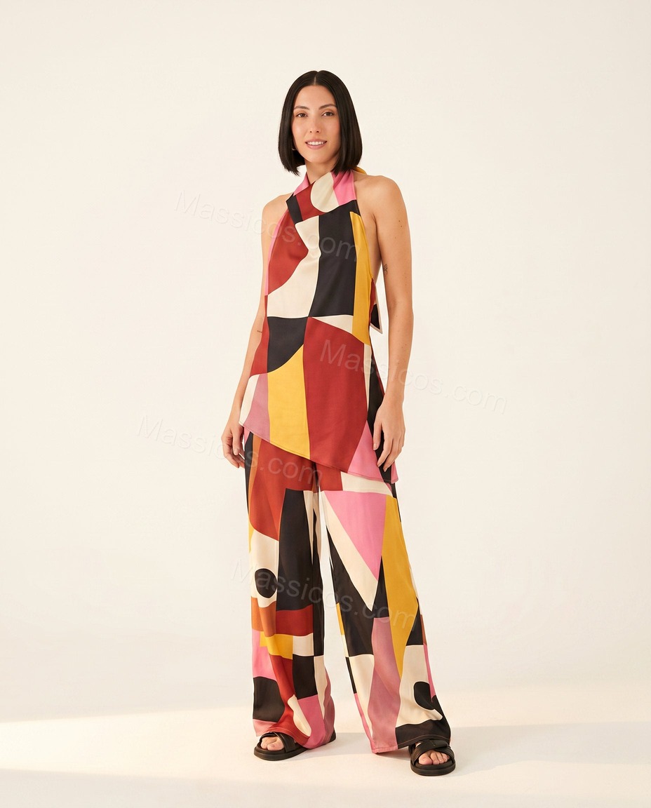 Red Solace Wedding Guest Abstract Print Jumpsuit Red Jumpsuit with Wide-Leg silhouette and Satin texture, clean studio product view for Wedding Guest, a fall city dinner, Fall current summer selling first with a light late-summer/pre-fall accent: make it by Massicos