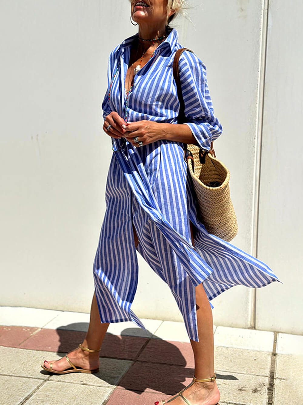 Splendor Stripes Printed Button Half Sleeve Belt Shirt Midi Dress-Massicos