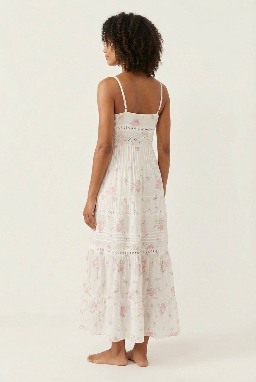 Floral Eyelet Cotton Midi Dress, Tiered Strappy Summer Sundress