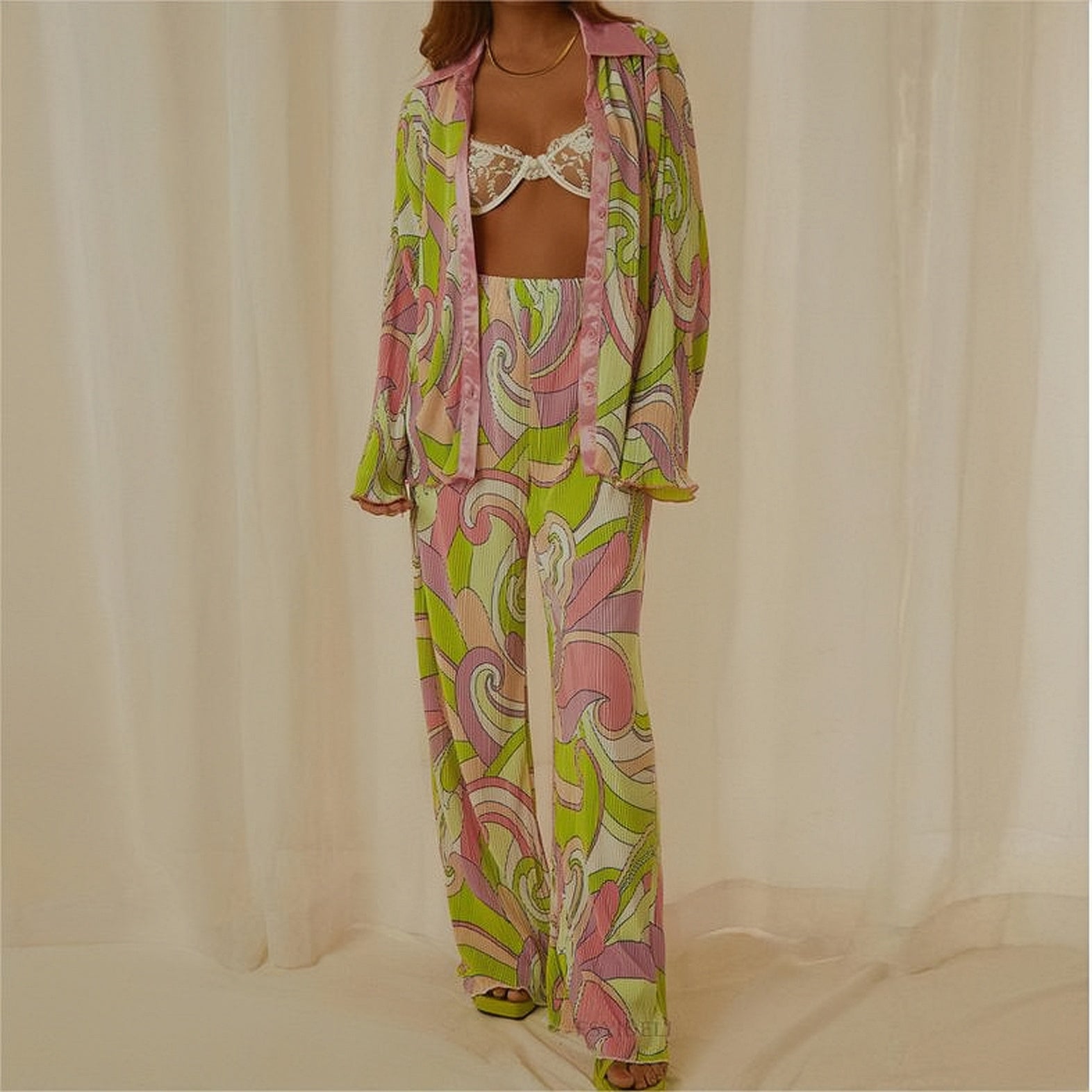 Pleated Printed Lapel Long-sleeved Shirt Pants Set-Massicos