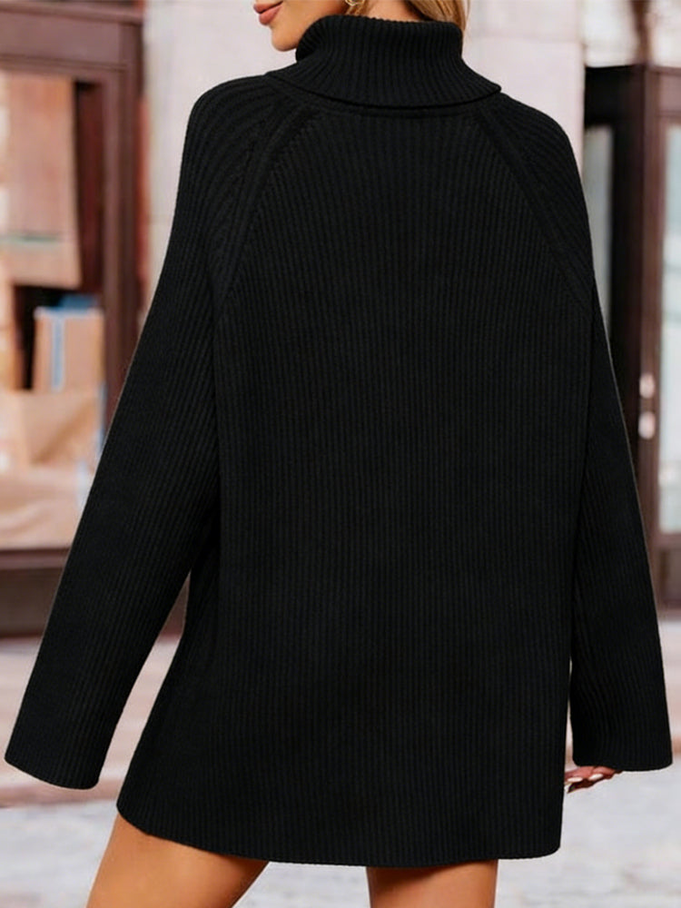 Black oversized turtleneck sweater and sheer long skirt set