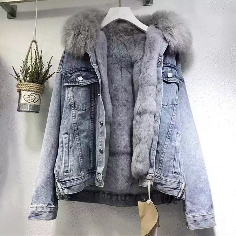 Light blue fur-lined hooded denim jacket-Massicos