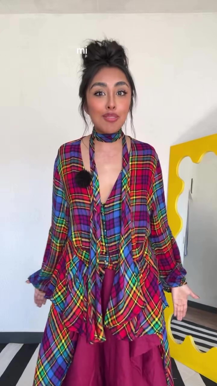 Women's Rainbow Plaid V-Neck Peplum Blouse and Wide Leg Pants Set