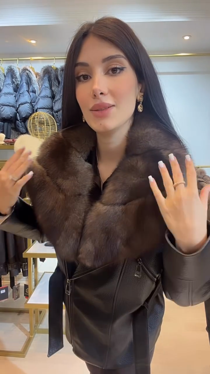 Brown fur-trimmed leather belt jacket