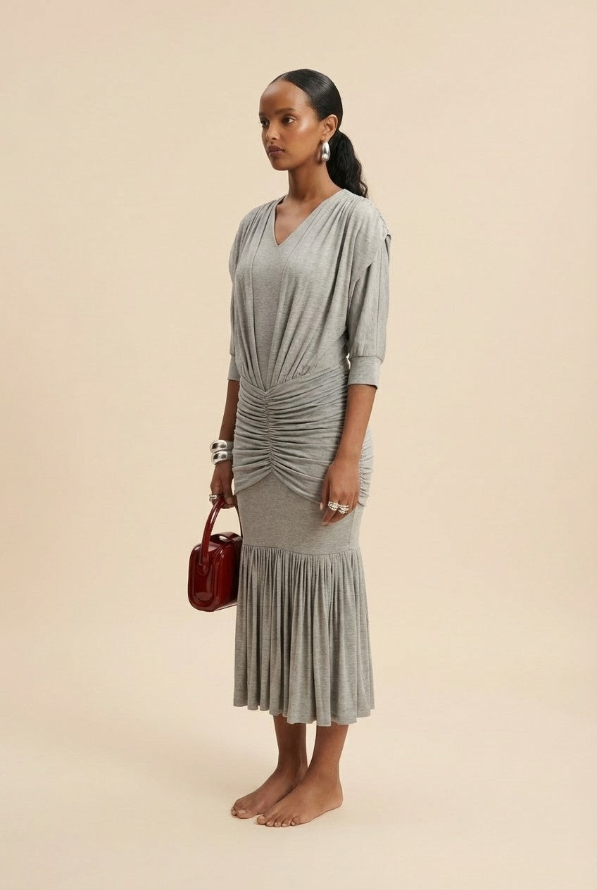Women's Heather Jersey Ruched Midi Dress V-Neck Sophisticated Look