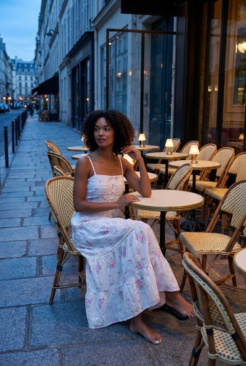 Floral Eyelet Cotton Midi Dress, Tiered Strappy Summer Sundress