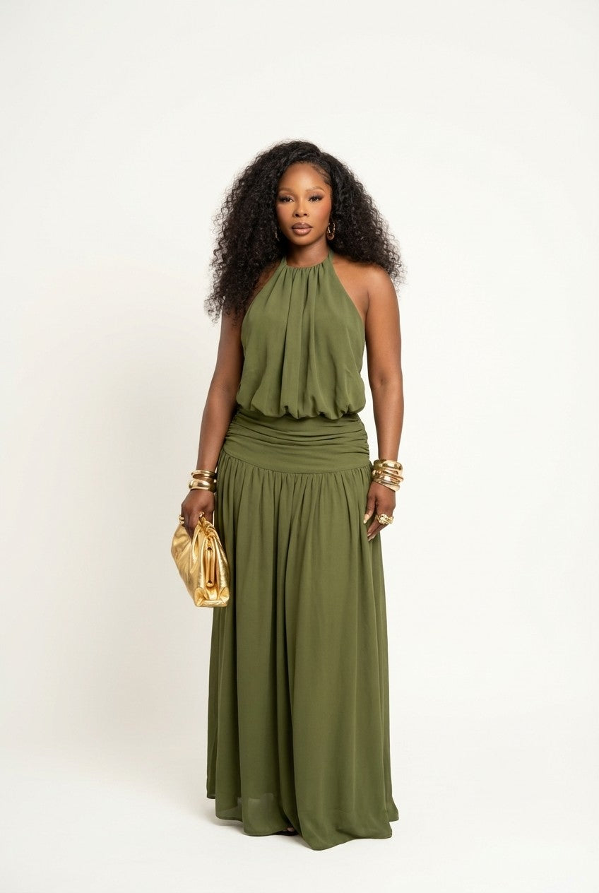 Olive Aura Draped Maxi Dress