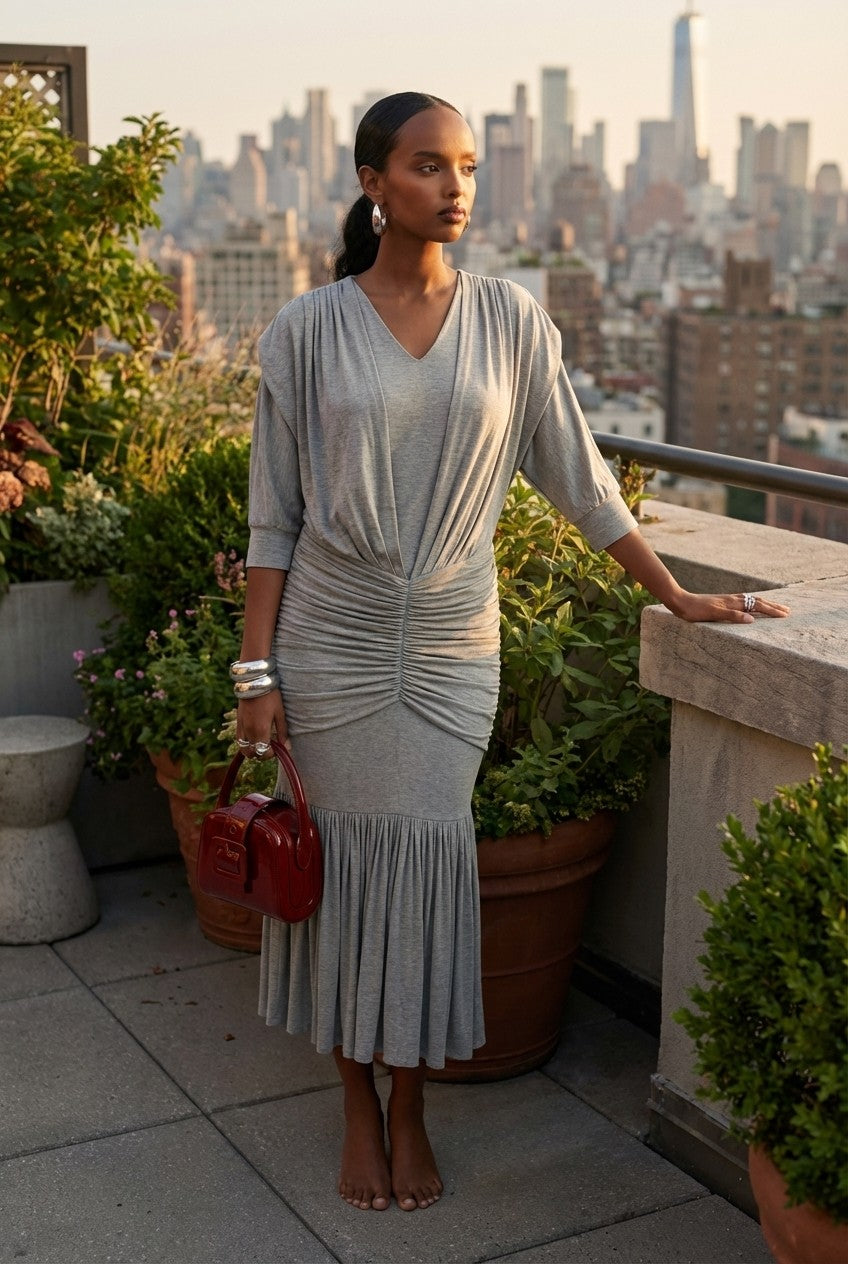 Women's Heather Jersey Ruched Midi Dress V-Neck Sophisticated Look