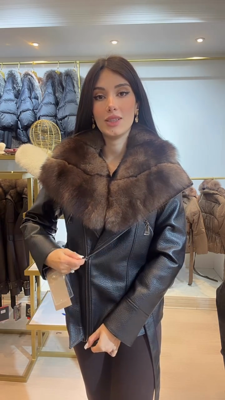 Brown fur-trimmed leather belt jacket