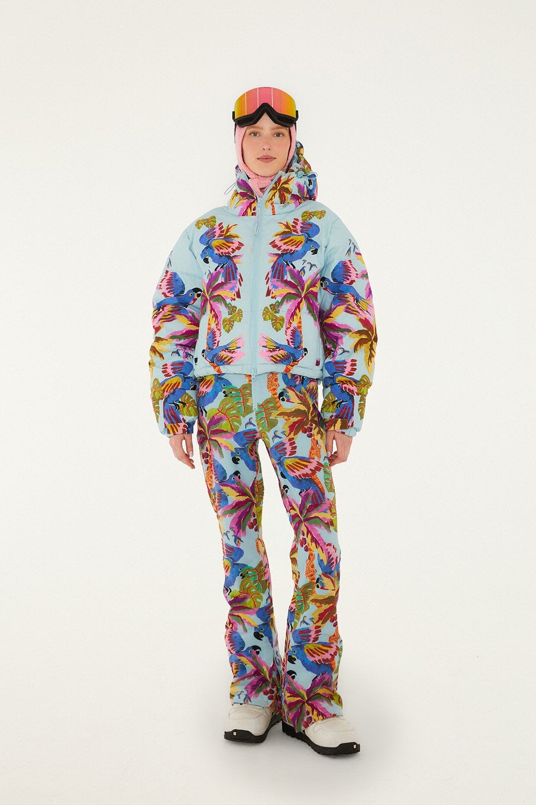 Blue macaw hooded puffer ski jacket