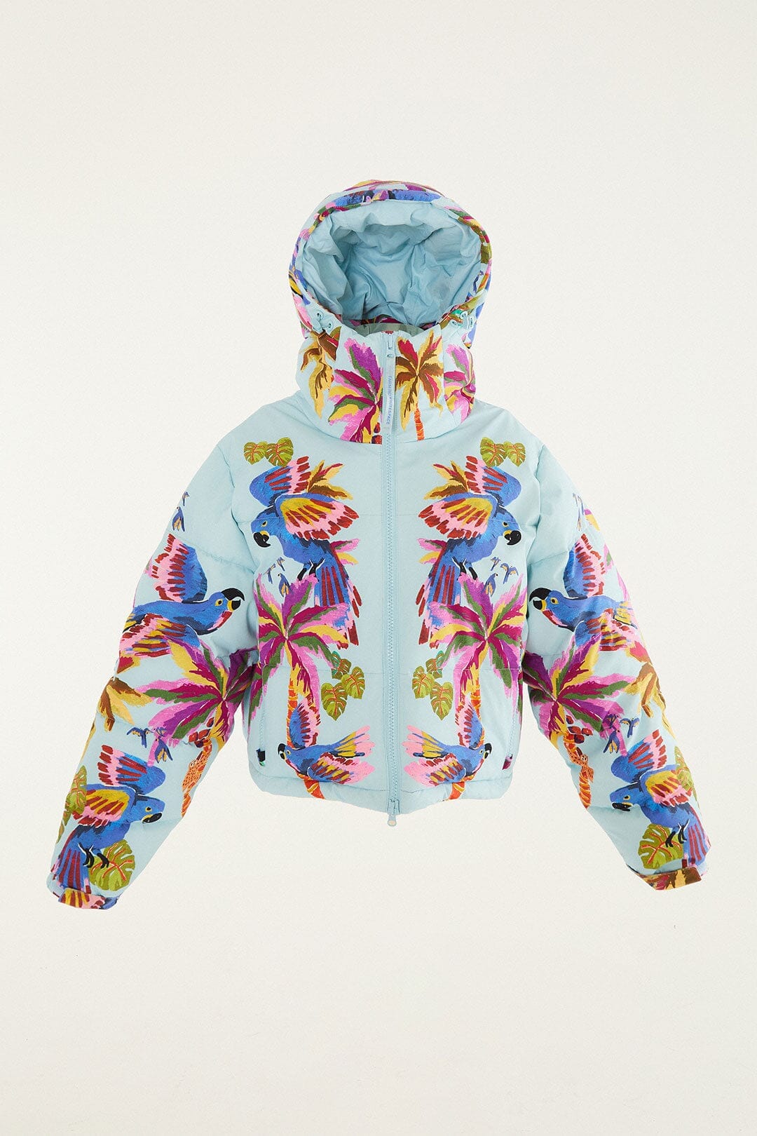 Blue macaw hooded puffer ski jacket