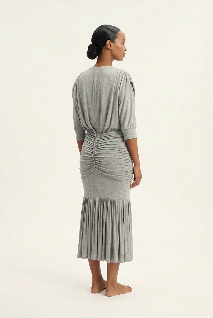 Women's Heather Jersey Ruched Midi Dress V-Neck Sophisticated Look