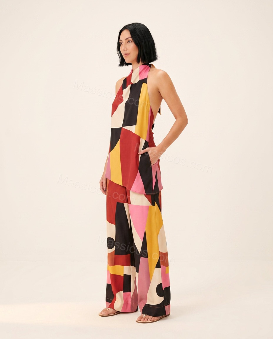 Red Solace Wedding Guest Abstract Print Jumpsuit Red Jumpsuit with Wide-Leg silhouette and Satin texture, side or back garment view for Wedding Guest, a fall city dinner, Fall current summer selling first with a light late-summer/pre-fall accent: make it by Massicos