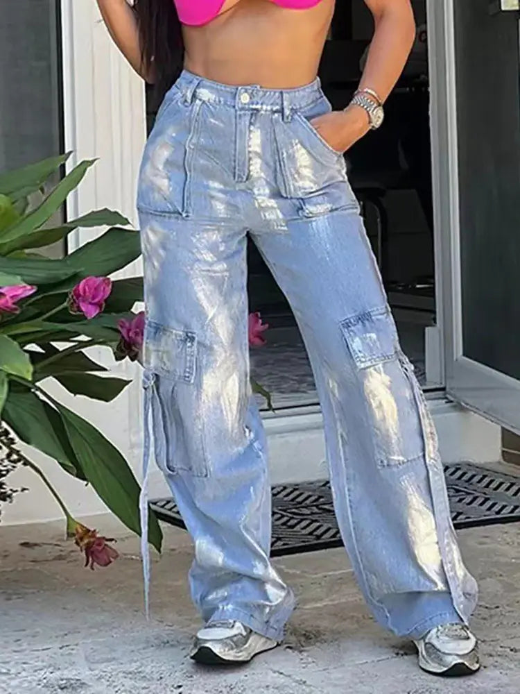 Silver Print Ribbon Jeans-Massicos