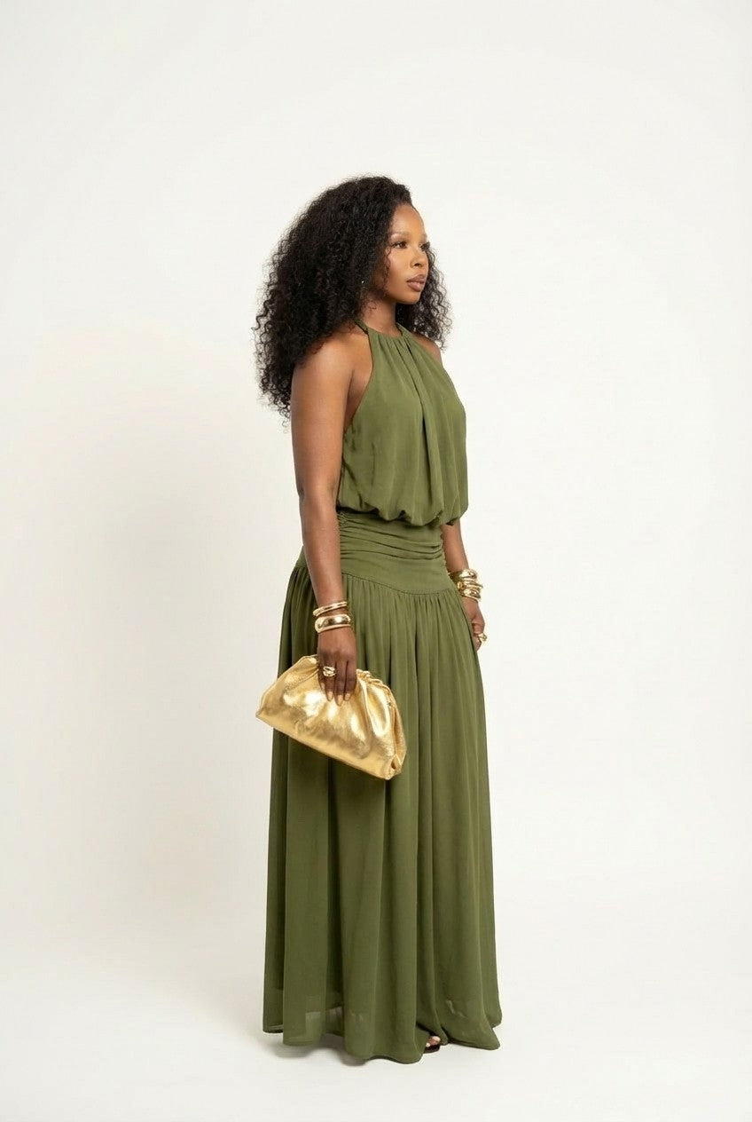 Olive Aura Draped Maxi Dress