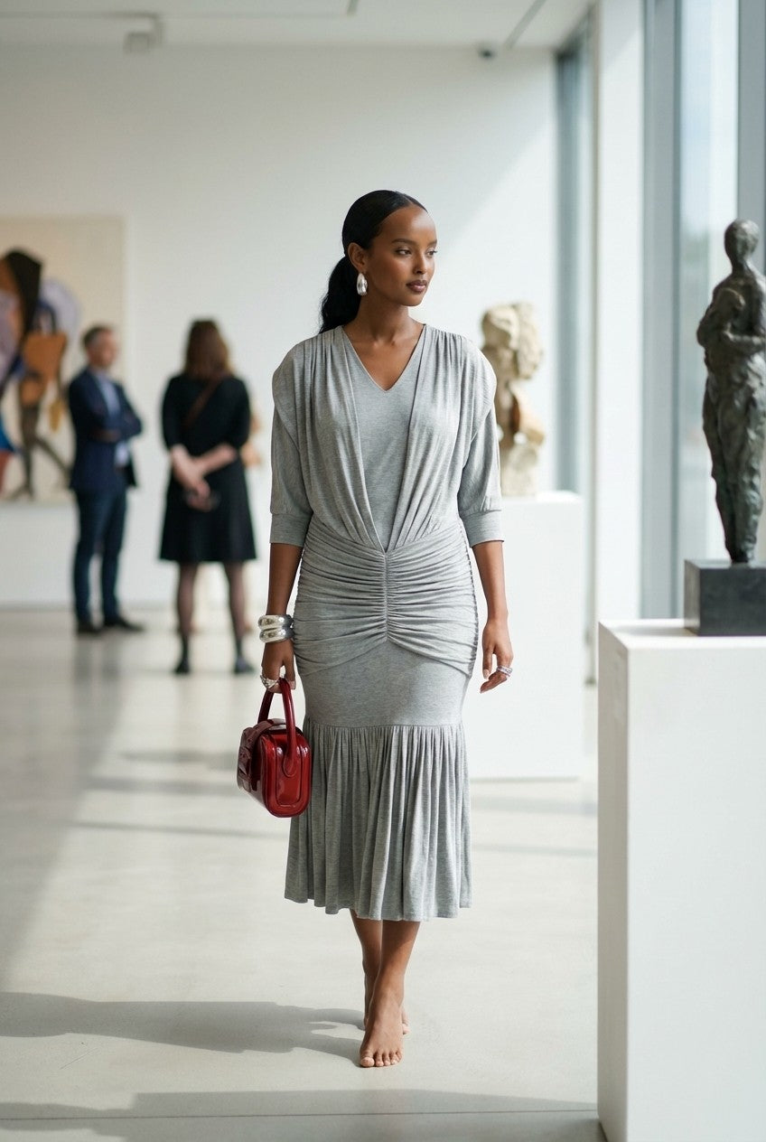 Women's Heather Jersey Ruched Midi Dress V-Neck Sophisticated Look