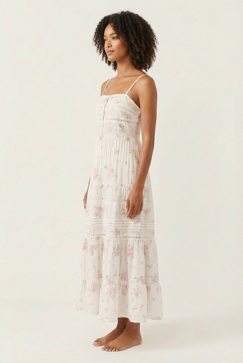 Floral Eyelet Cotton Midi Dress, Tiered Strappy Summer Sundress