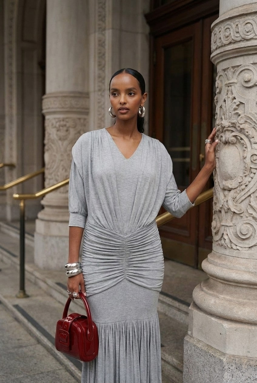 Women's Heather Jersey Ruched Midi Dress V-Neck Sophisticated Look