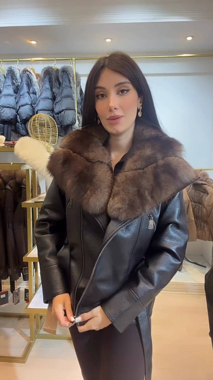 Brown fur-trimmed leather belt jacket