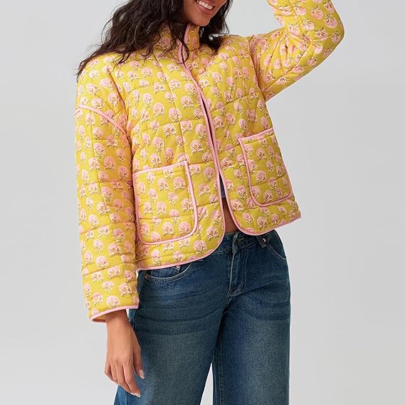 Floral Print Stand Collar Patchwork Jacket-CALLISTARI
