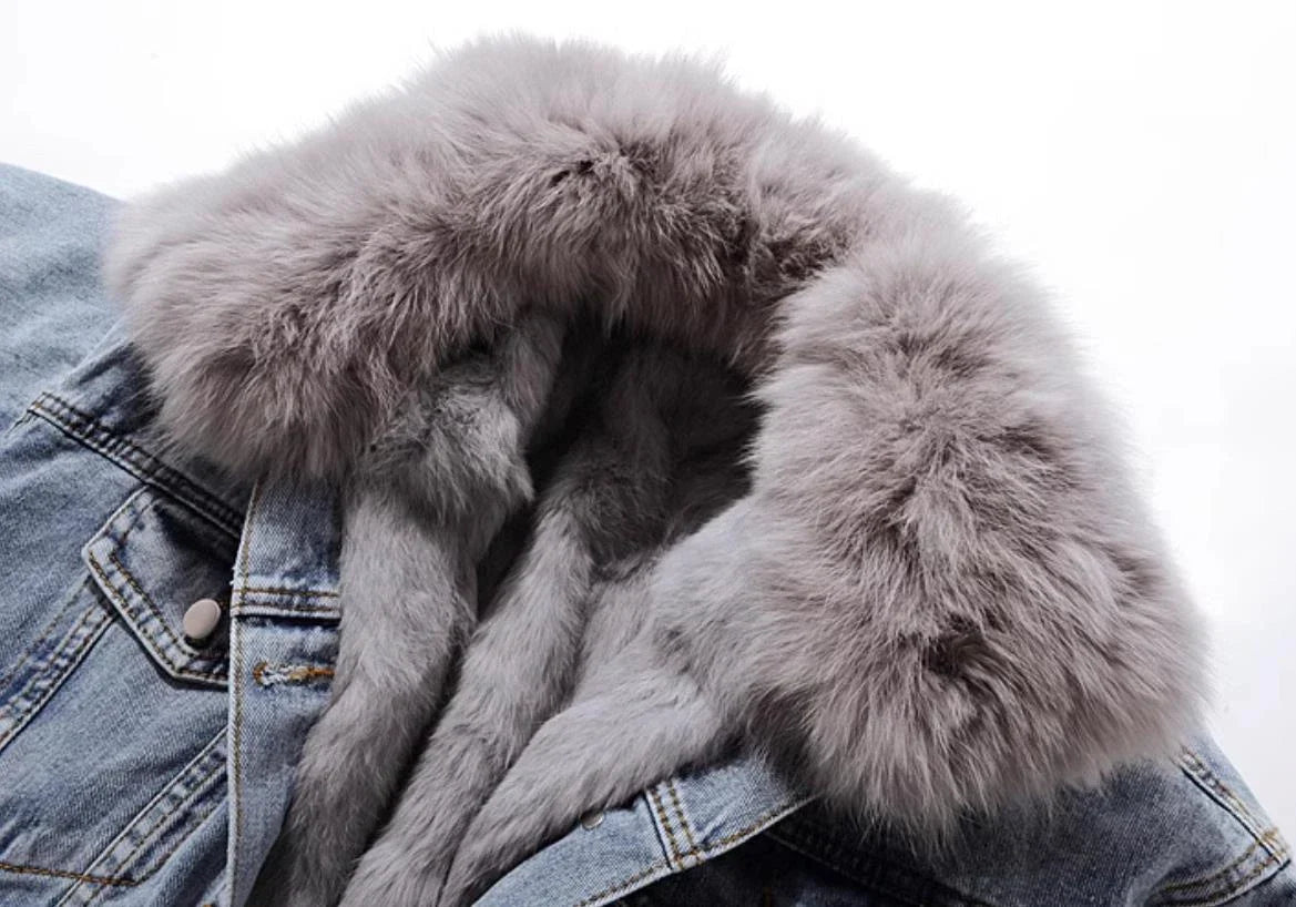 Light blue fur-lined hooded denim jacket-Massicos
