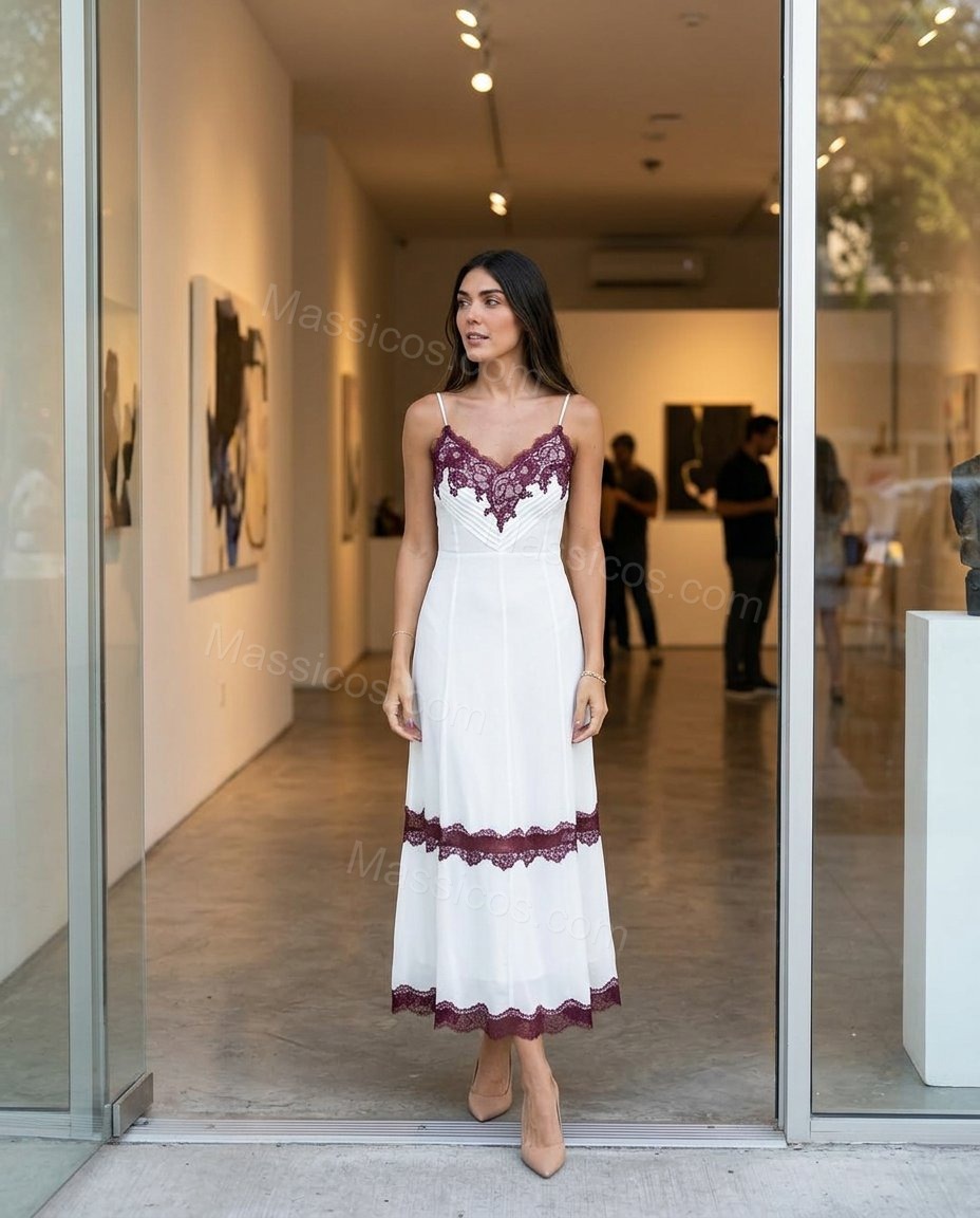 Ivory Whisper Wedding Guest Lace Midi Dress Ivory Midi Dress with Relaxed Fit silhouette and Satin texture, editorial ecommerce scene for Wedding Guest, a cafe plan, Fall current summer selling first with a light late-summer/pre-fall accent: make it weara by Massicos
