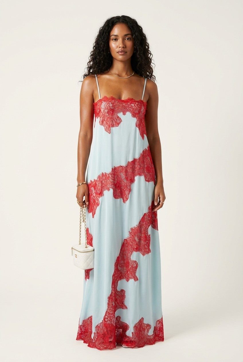  Floral Lace Trimmed Satin Slip Maxi Dress Light Blue