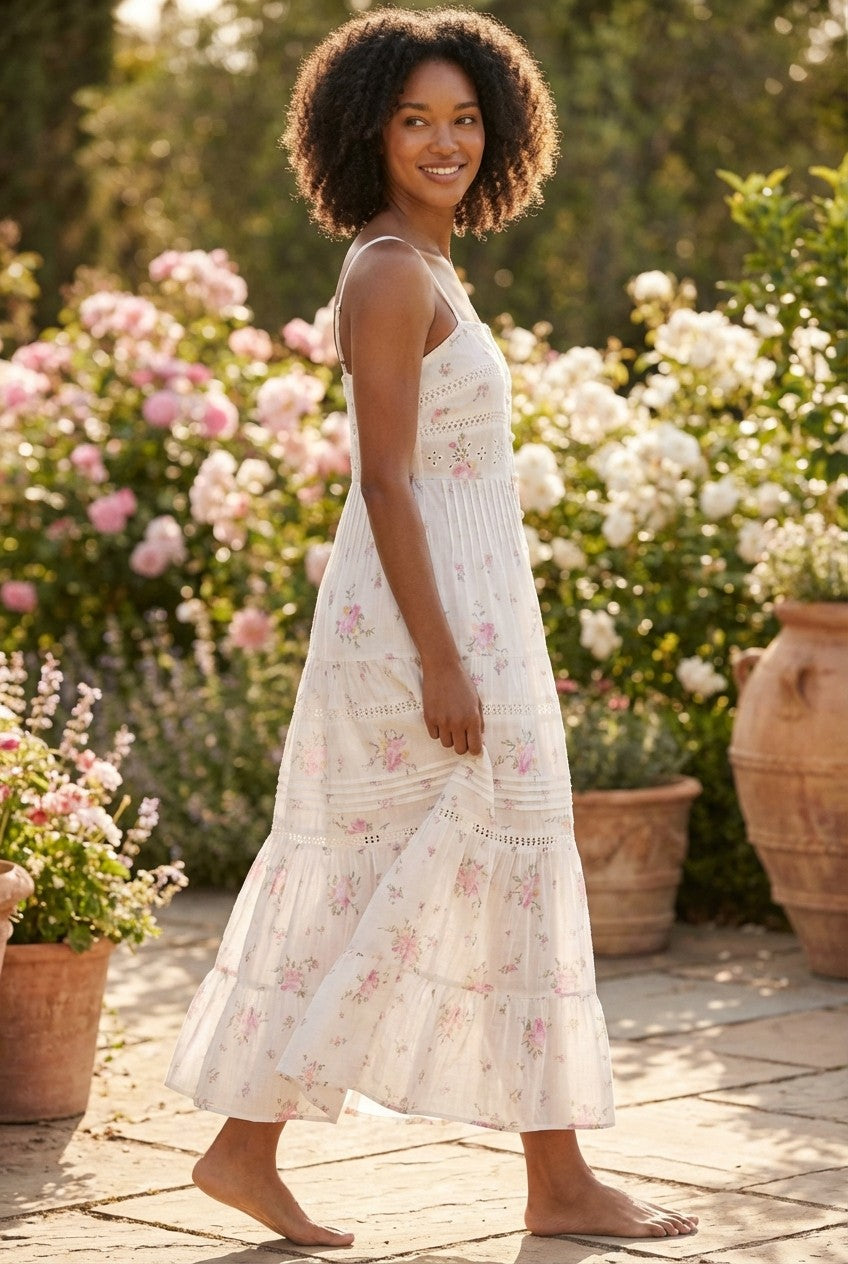 Floral Eyelet Cotton Midi Dress, Tiered Strappy Summer Sundress