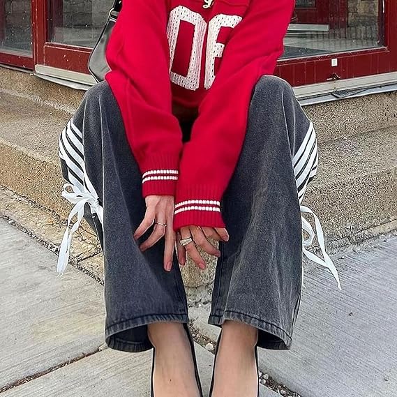 Low Waist Loose Side Striped Bow Wide-Leg Jeans-Massicos
