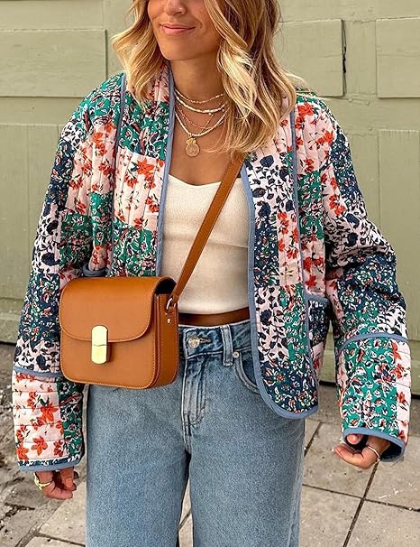 Floral Patchwork Print Drop Shoulder Jacket-CALLISTARI