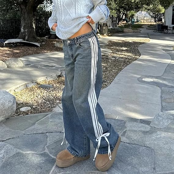 Low Waist Loose Side Striped Bow Wide-Leg Jeans-Massicos