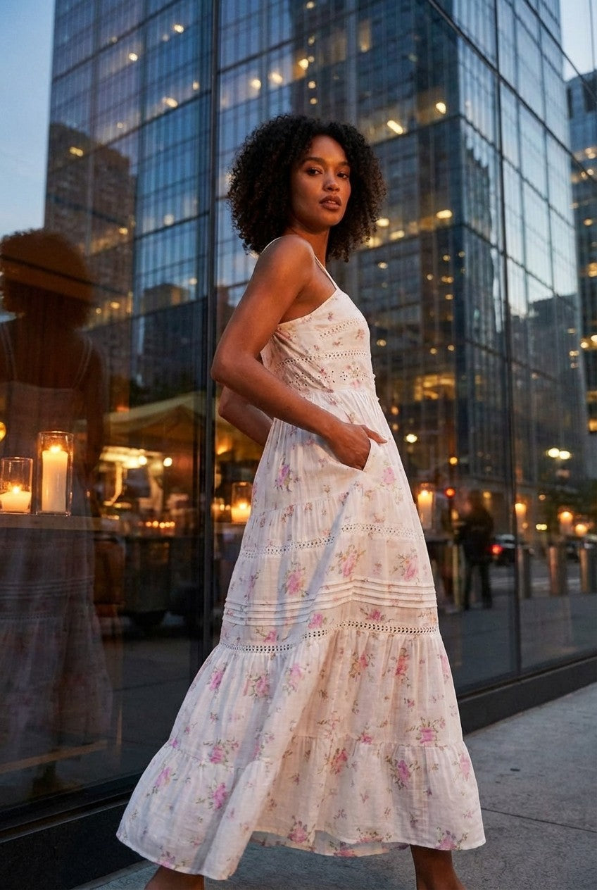 Floral Eyelet Cotton Midi Dress, Tiered Strappy Summer Sundress