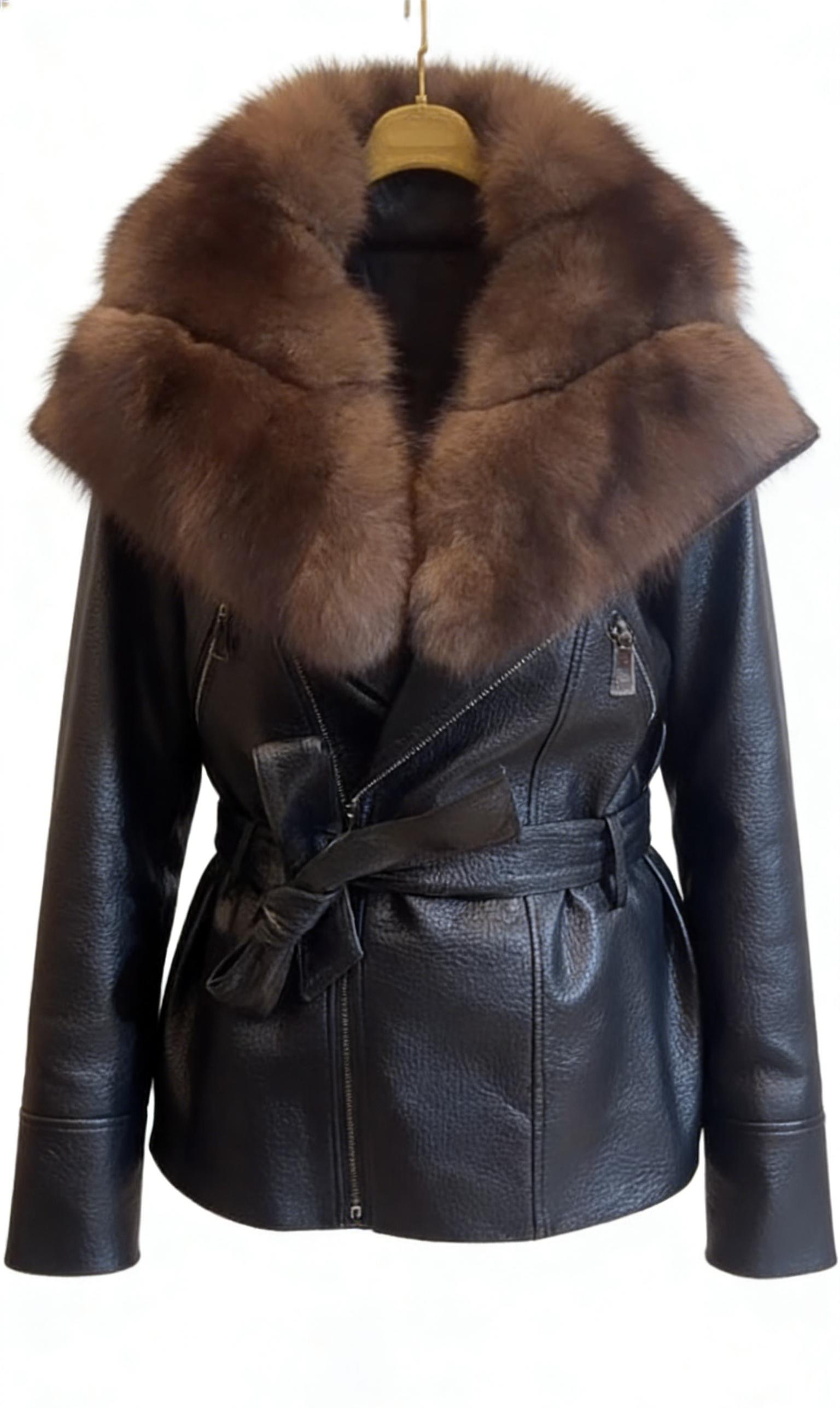 Brown fur-trimmed leather belt jacket