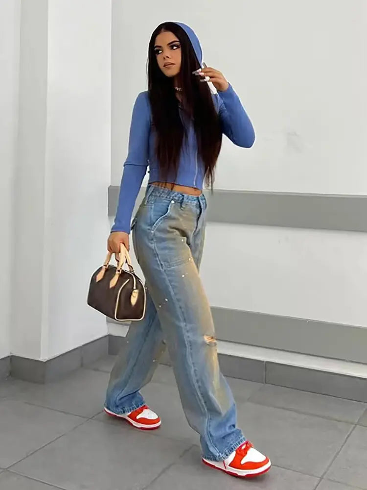 Vintage Washed High-Waist Distressed Jeans-Massicos