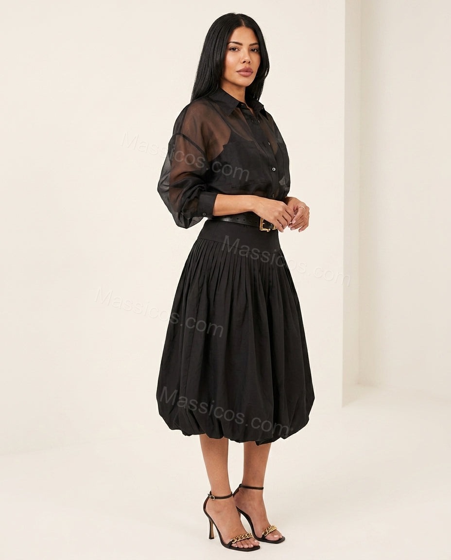 Black Muse Wedding Guest Pleated Skirt Set Black Skirt Set with Relaxed Fit silhouette and Textured texture, side or back garment view for Wedding Guest, a gallery evening, Fall current summer selling first with a light late-summer/pre-fall accent: make i by Massicos