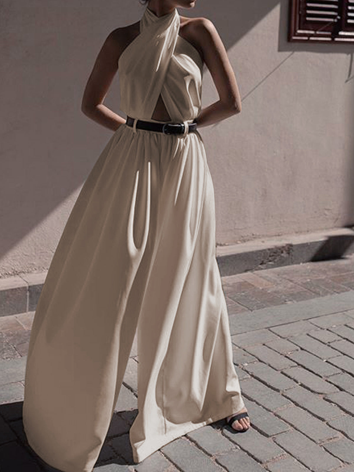 Criss Cross Halter Backless Jumpsuit Without Belt-Massicos