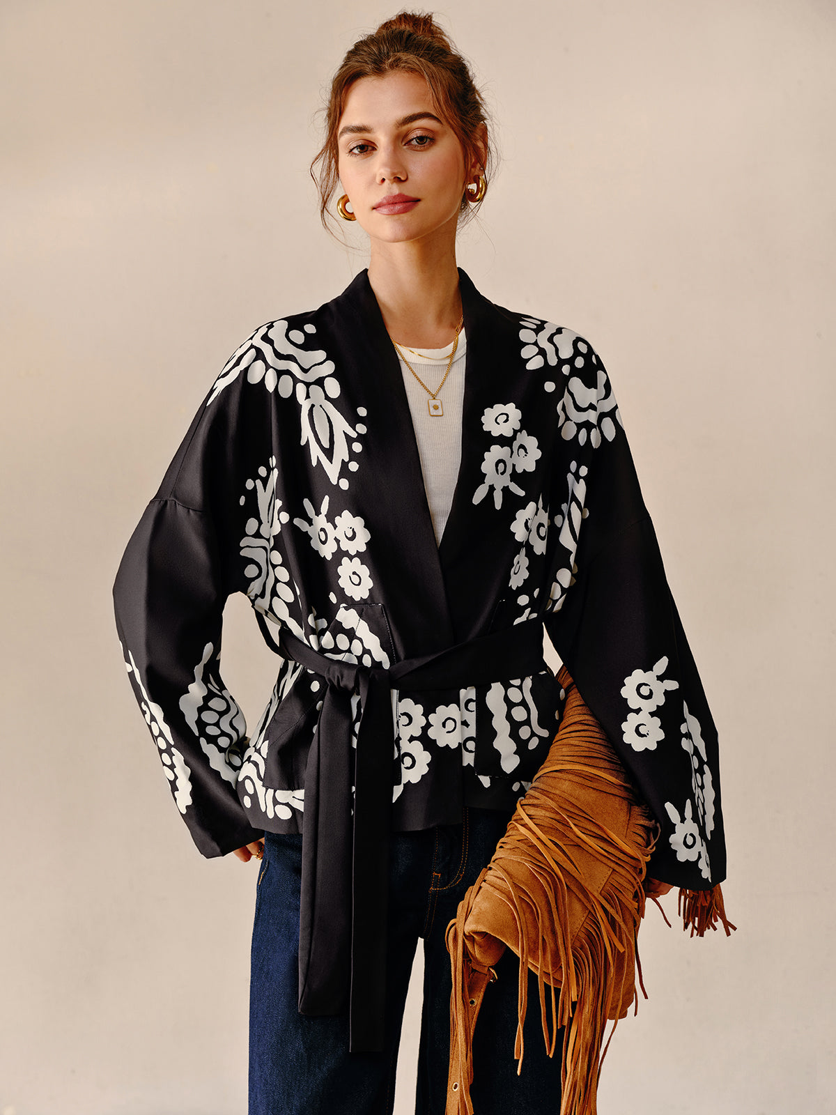 Boheme Printed V-Neck Belted Jacket-CALLISTARI