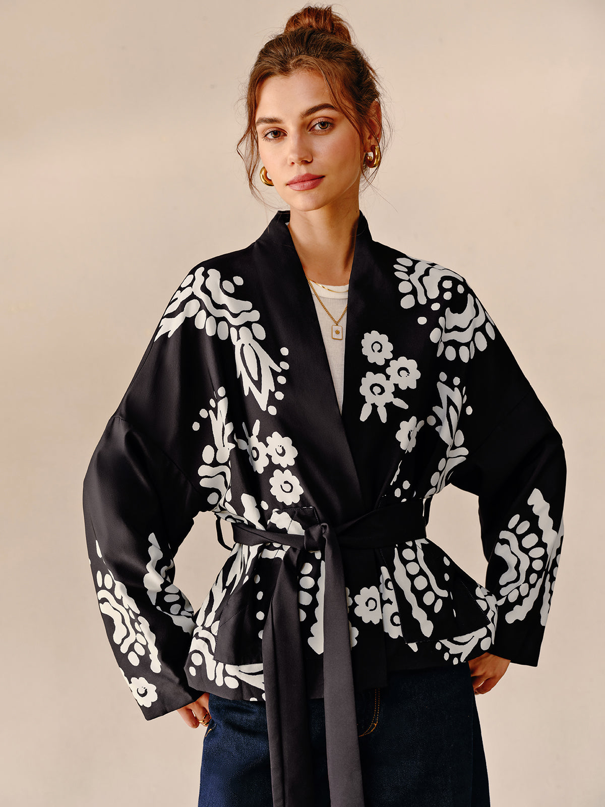 Boheme Printed V-Neck Belted Jacket-CALLISTARI