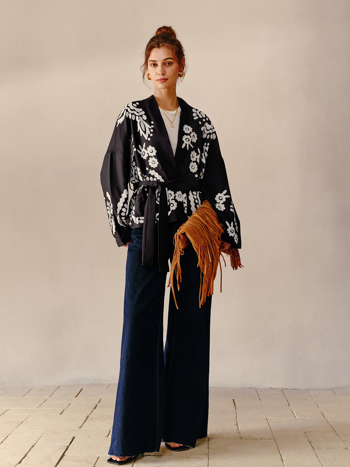 Boheme Printed V-Neck Belted Jacket-CALLISTARI