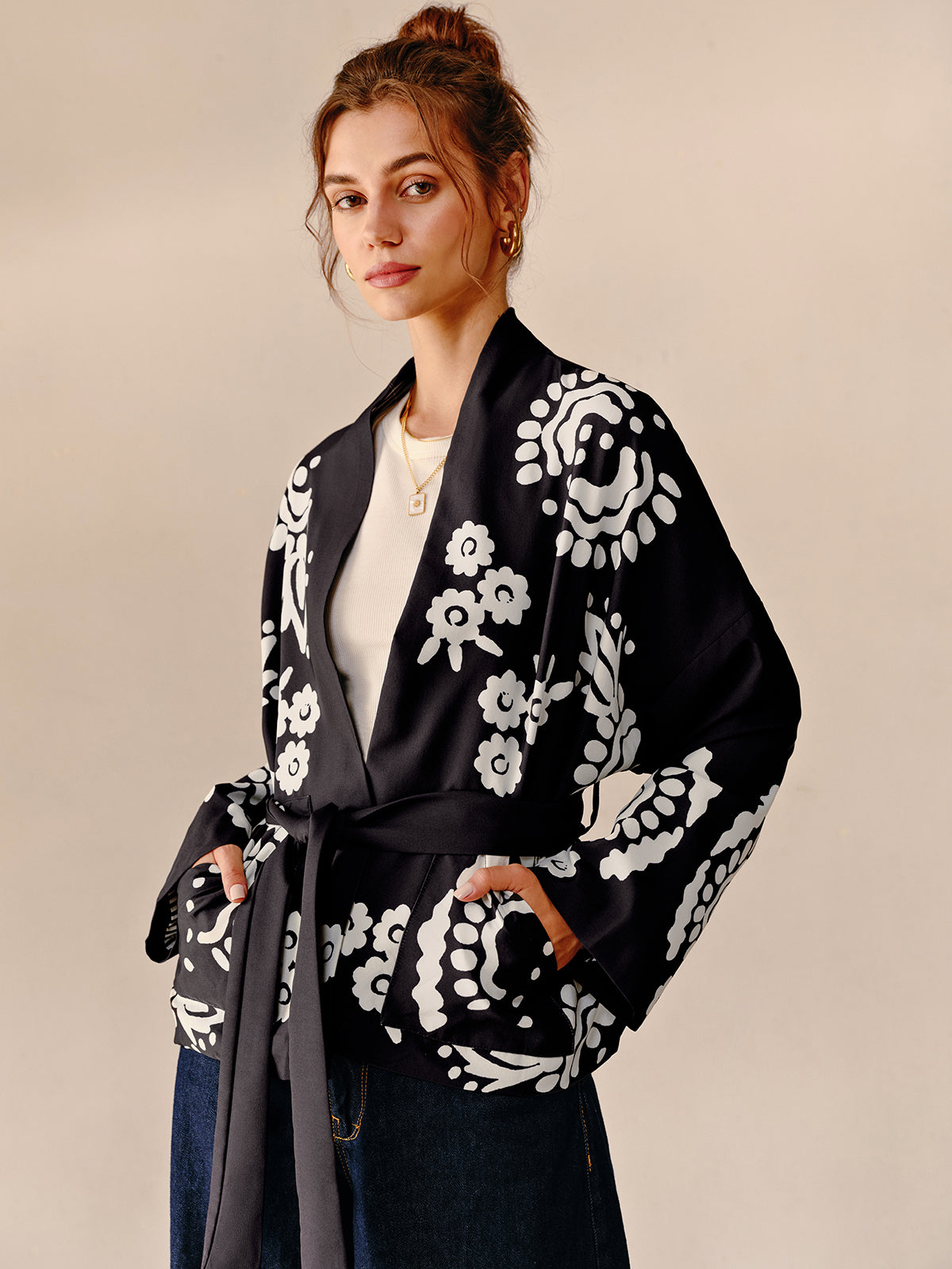 Boheme Printed V-Neck Belted Jacket-CALLISTARI