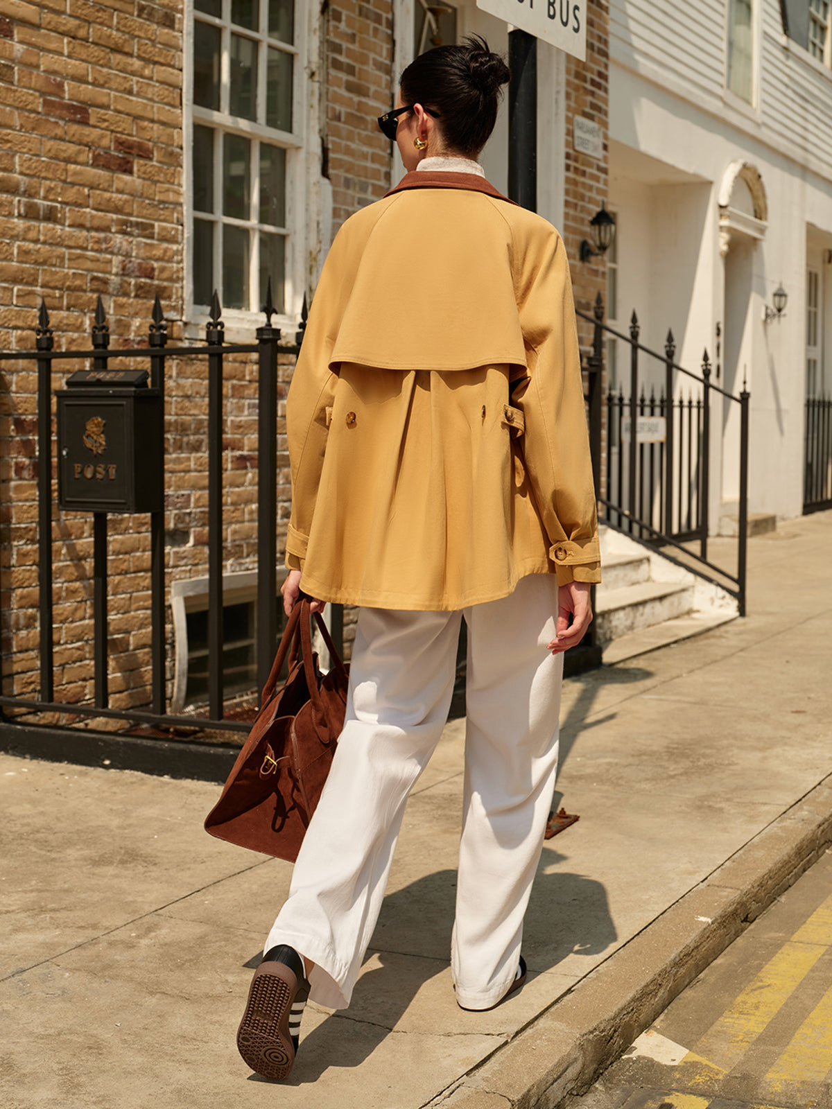 Contrast Collar Pleated Zipper Trench Coat-Massicos