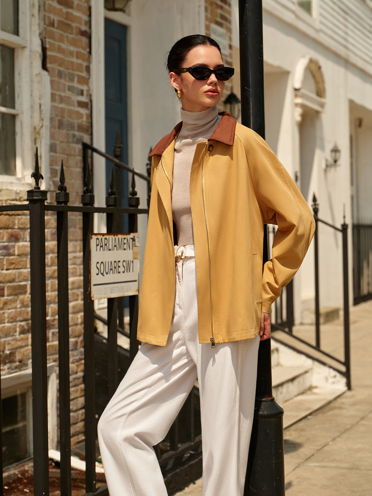 Contrast Collar Pleated Zipper Trench Coat-Massicos