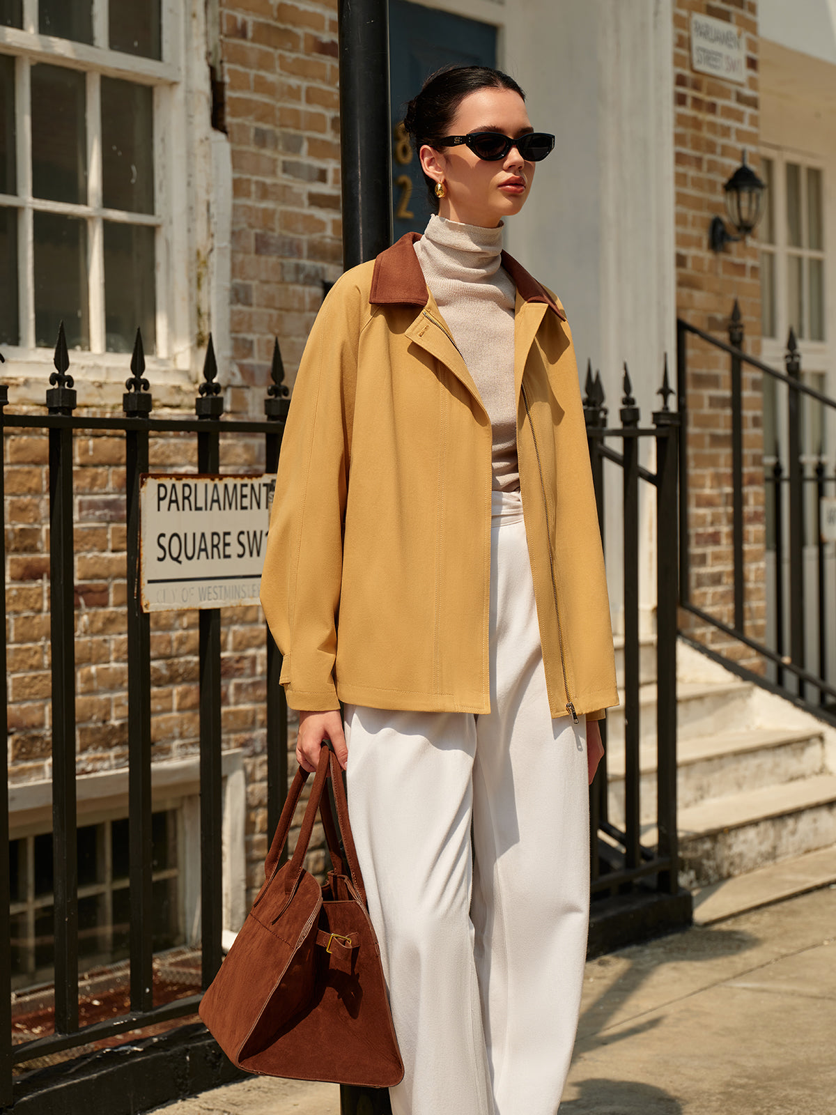 Contrast Collar Pleated Zipper Trench Coat-Massicos